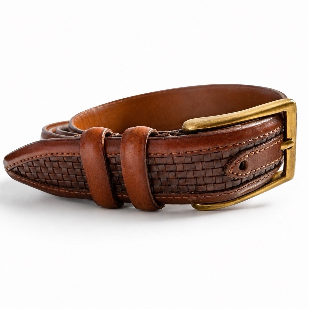 Allen Edmonds Basketweave Leather Belt Brown Solid Brass USA 46 Calfskin VTG